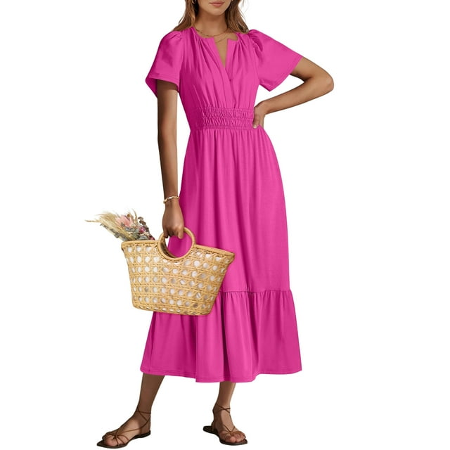 Vestido largo ANRABESS 2025, verano, manga corta, cuello en V, rojo
