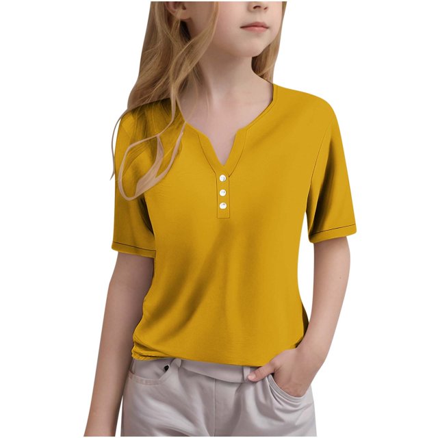 Girls Tops Trendy V Neck Button Down Short Sleeve Tshirts Summer Casual Basic Tee Loose Fit 3-14 Years