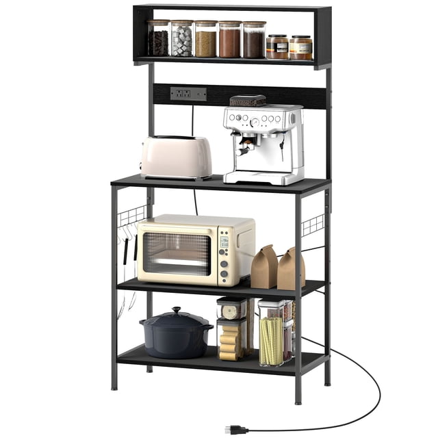 Black Baker's Rack with Power Outlet & USB - Kitchen Microwave Shelf with Hooks - 31.5” x 16.5” x 60.2” Storage Unit for Living Room & Dining Area