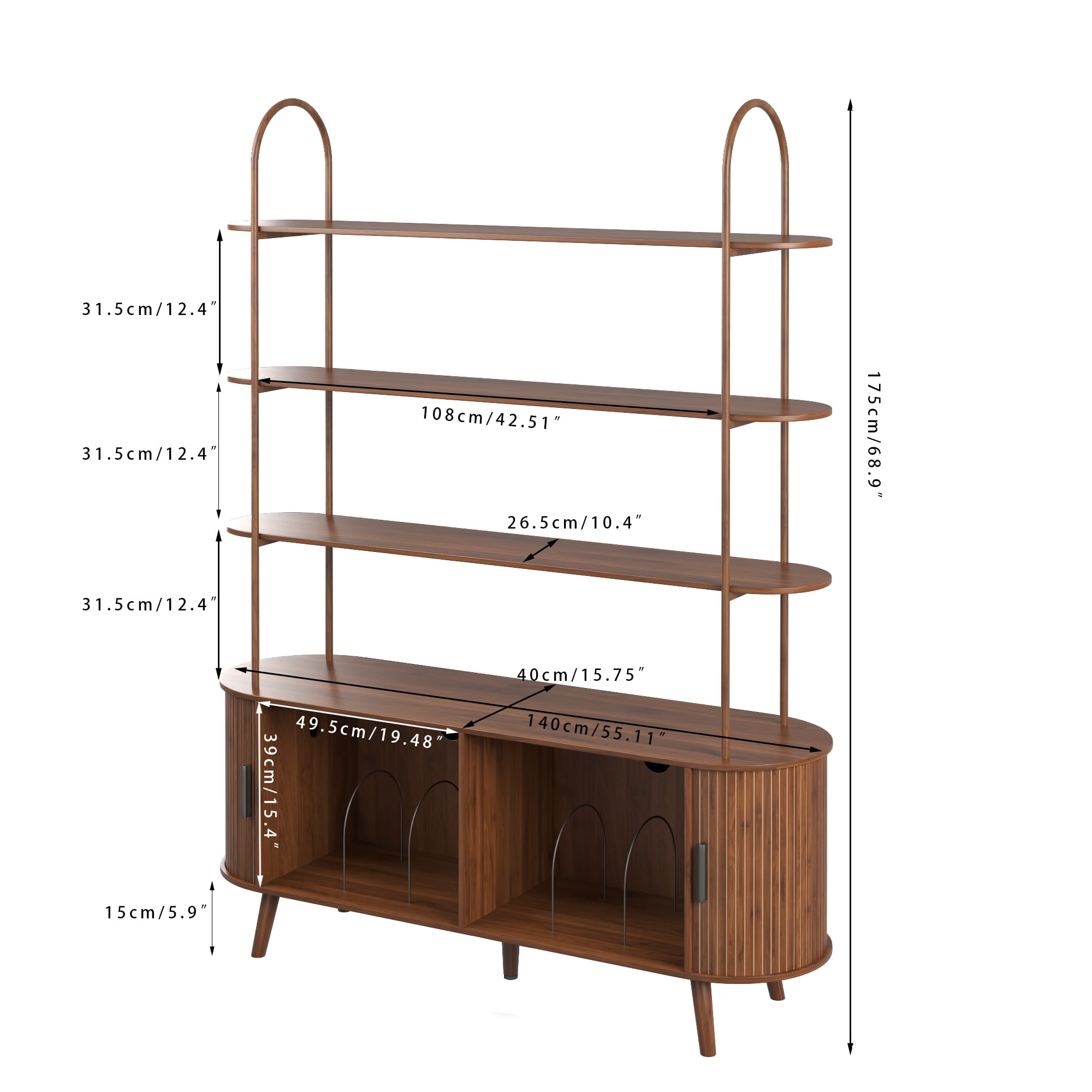 Tall Large Mid Century Modern Bookshelf with with Sliding Tambour Doors, 4-Tier Open Display Storage Shelf, Vinyl Record Player Stand for Home Office, Living Room, Walnut