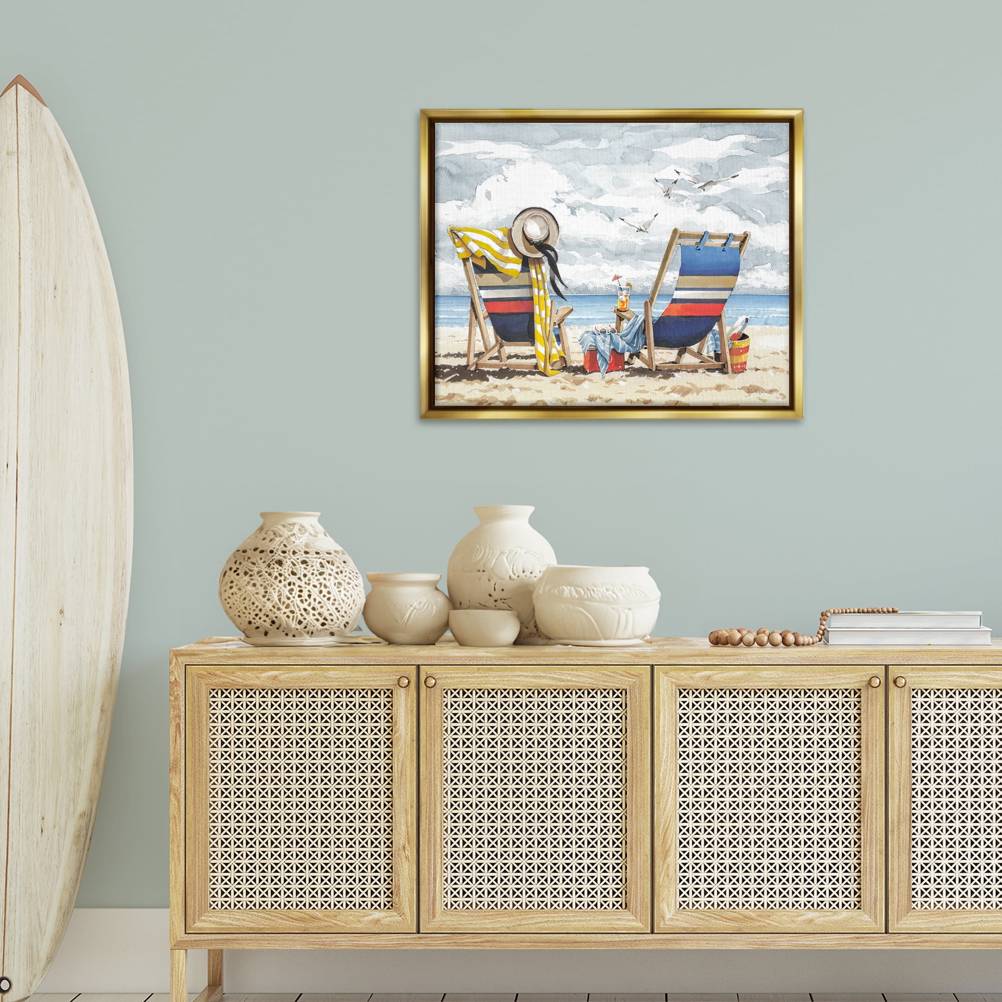 Stupell Industries Peaceful Beach Chairs Hangout Landscape & Nature Painting Gold Floater Framed Canvas Art Print Wall Art, 31 x 25