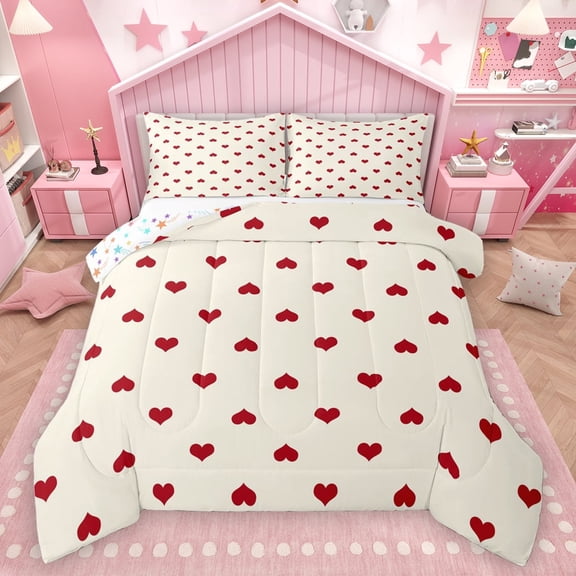 Homewish Romantic Love Heart Bedding Comforter Set, Kawaii Cute Cartoon Twin Comforter Sets, Teens Kids Girls Female Reversible Bedding Set, Super Cozy Room Decor, 2 Pieces