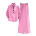 thumbnail image 6 of Tqyyweavej Two Piece Sets for Women Henley Button Long Sleeve Tops and Straight Leg Pants with Pockets Linen Sets for Women 2 Piece, 6 of 10