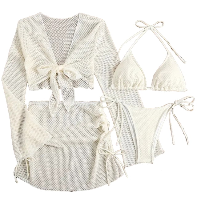 FRSASU Maillot de Bain 4 Pcs pour Femmes Ensemble Bikini Triangle avec Jupe de Plage Blanche m(m)