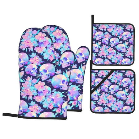 

Oven Mitts and Pot Holders 4 Piece pinkk flower crystal Skull High Heat Slip Resistant Oven Mitt and Trivets Set Kitchen Oven Glove Pot Holders for Cooking Baking Grilling