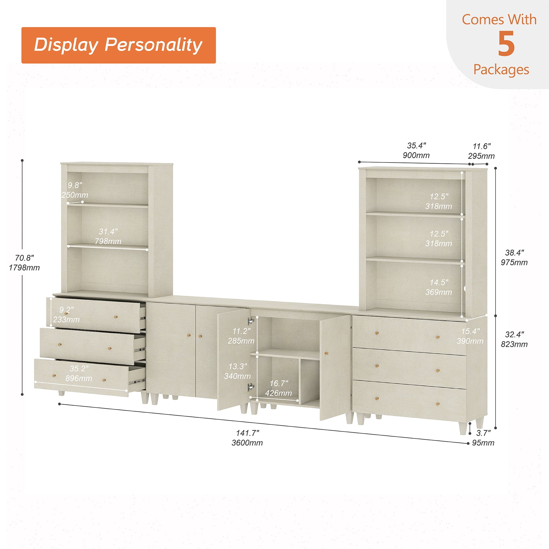 WAMPAT Wall Unit Entertainment Center for 75" TVs with Drawers&Doors, Beige