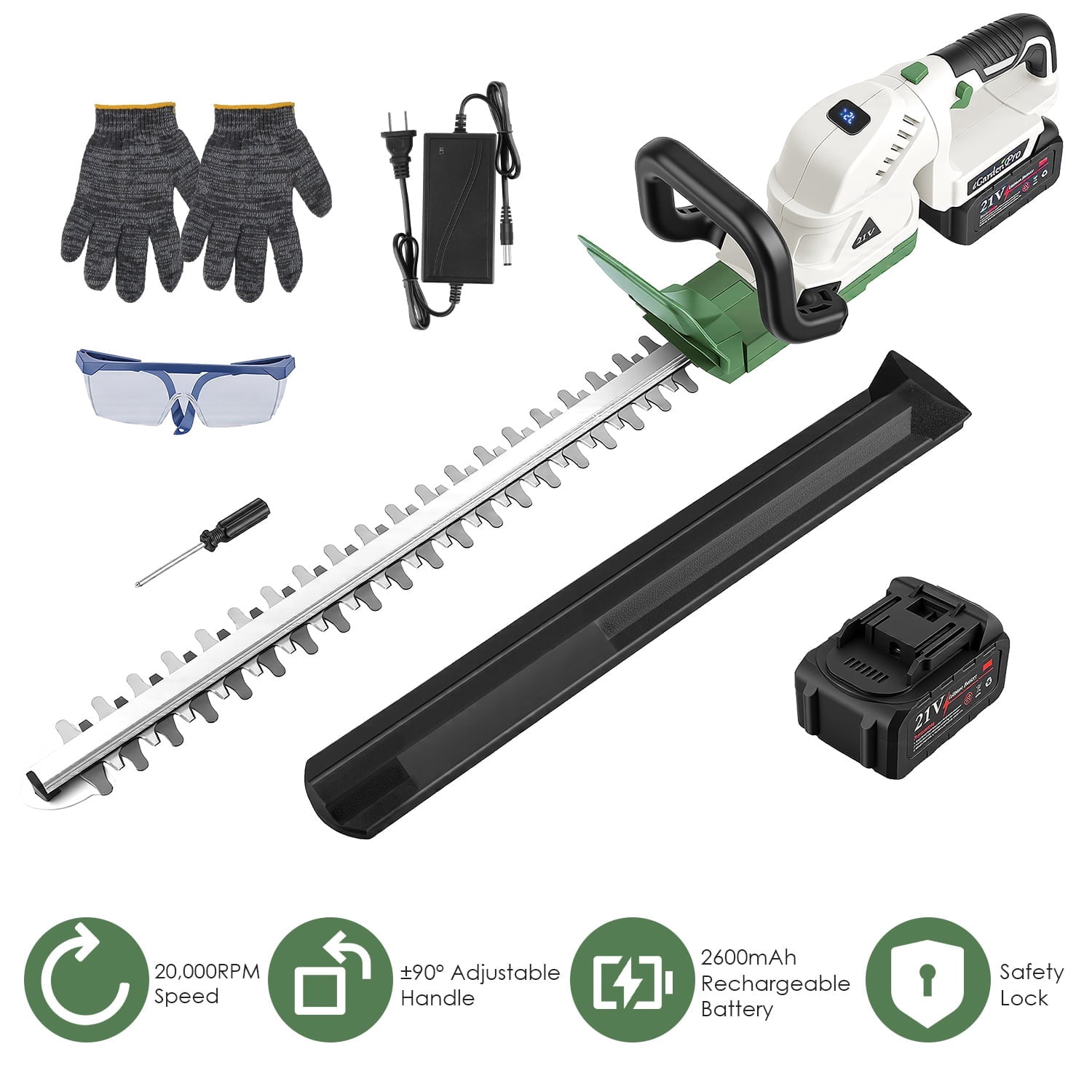 Teqhome 20in Electric Hedge Trimmer Cordless Handheld Hedge Trimmer 21V Bush Trimmer with Dual-Action Blades 0.6in Cutting Diameter Safety Lock Adjustable Handle