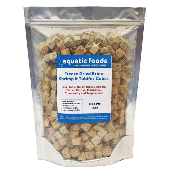 Brine Shrimp & Tubifex Worm Cube Mix, Premium Floating Freeze Dried Brine Shrimp & Tubifex Worm Cubes for All Tropical Fish, Cichlids, Discus, Tetras, Goldfish, Angel Fish, Catfish, Ponds...5oz Bag