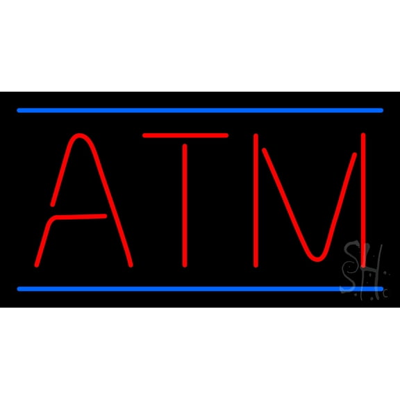 Red ATM Blue Lines LED Neon Sign 13 x 24 - inches, Black Square Cut Acrylic Backing, with Dimmer - Bright and Premium built indoor LED Neon Sign for Defence Force.