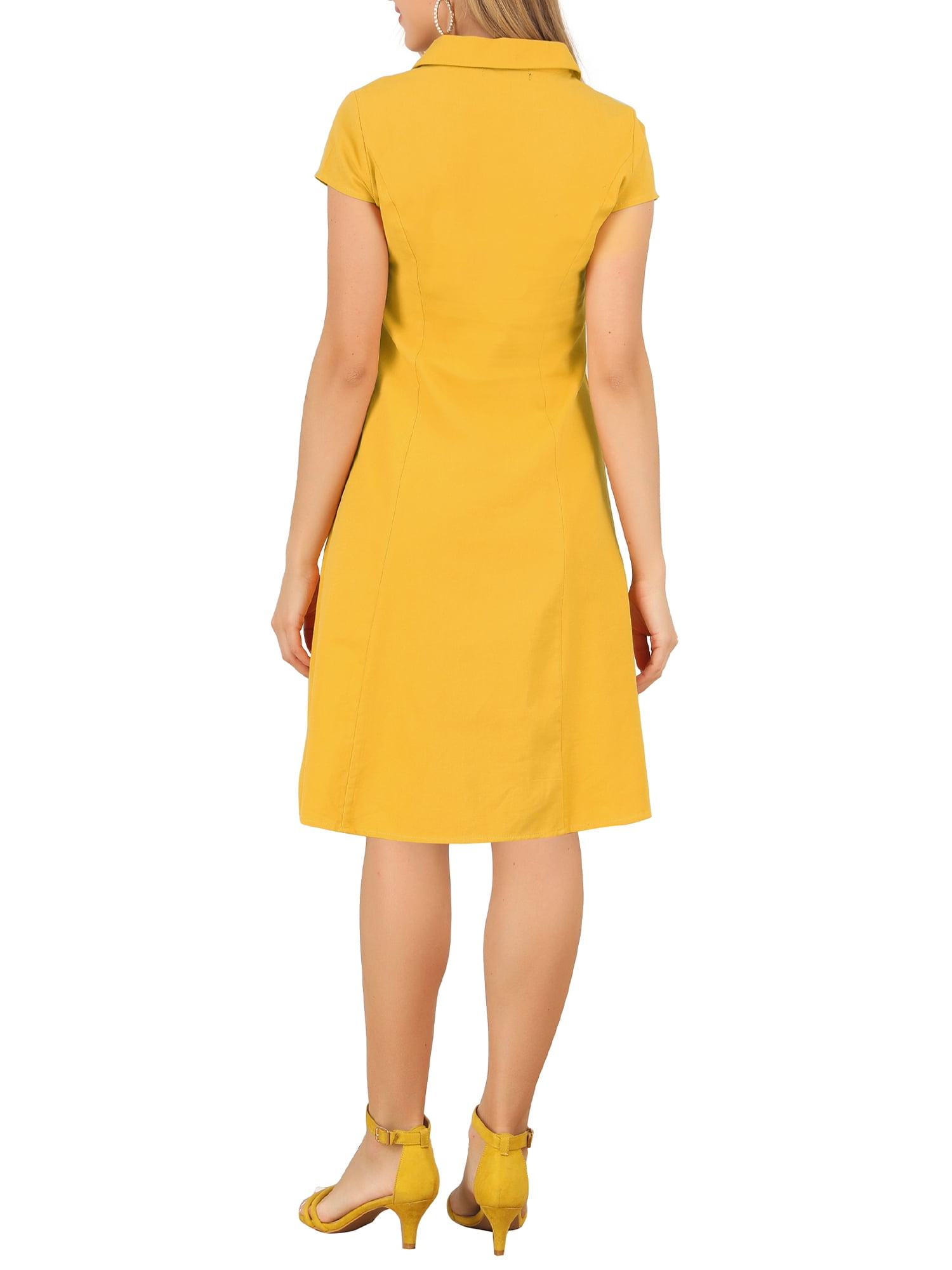 Unique Bargains Women's Cotton Cap Sleeve Button Down Midi Dress