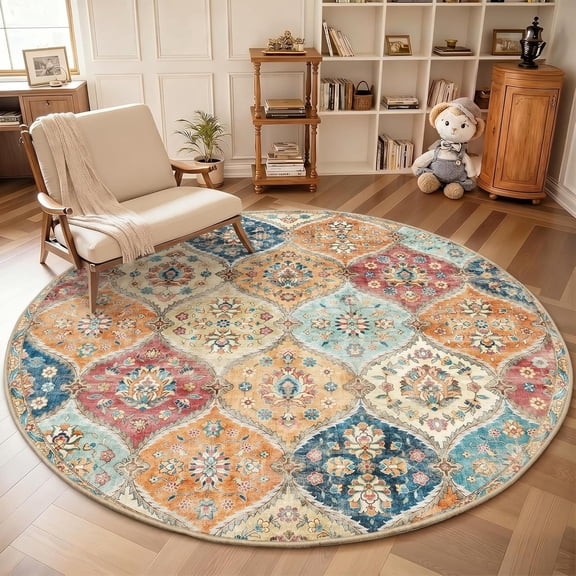 6 Ft Round Rug Washable Non Slip Area Rug Moroccans Vintage Distressed Cream