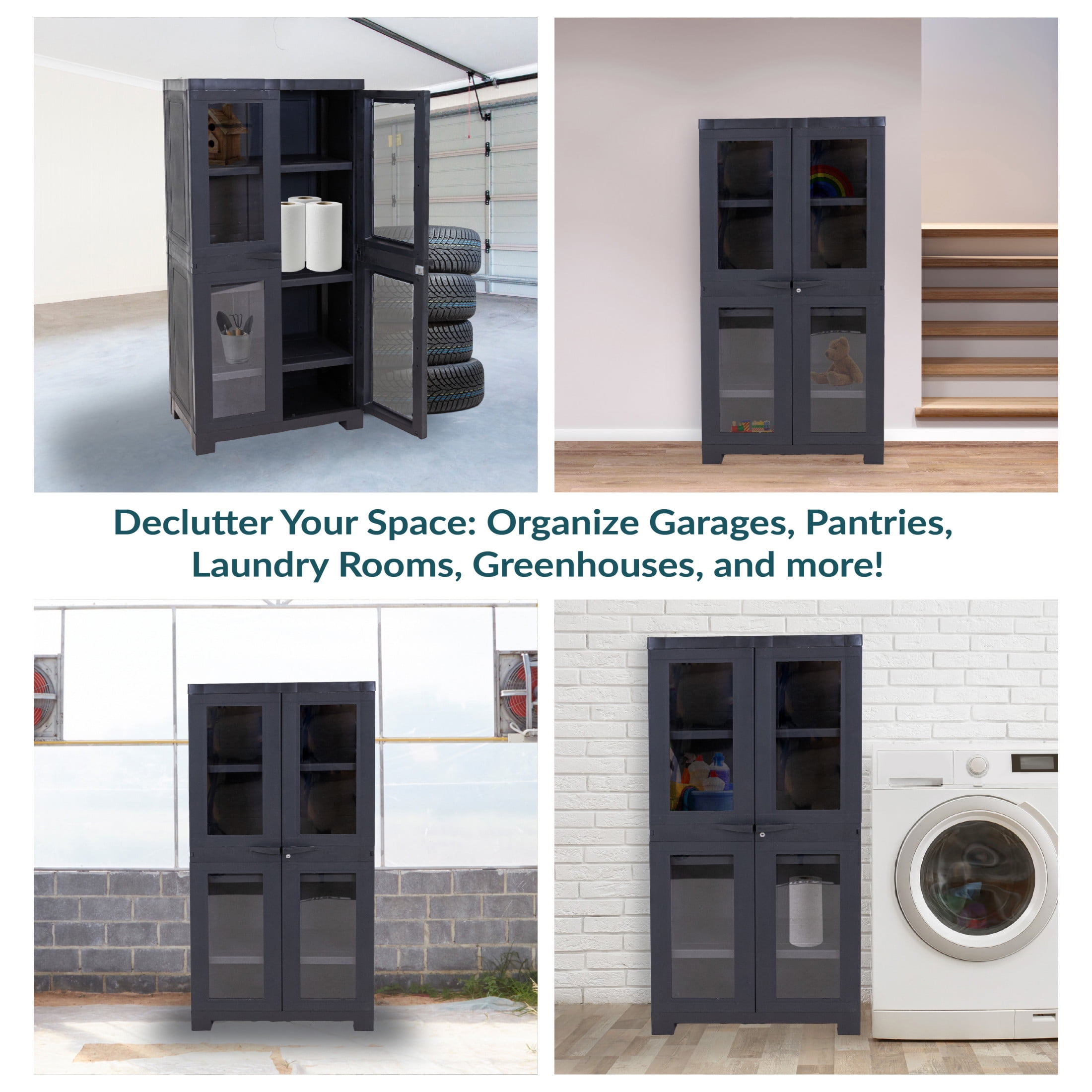 Sunnydaze Lockable Adjustable 48.75" Plastic 3-Shelf Freestanding Garage Storage Cabinet, Charcoal