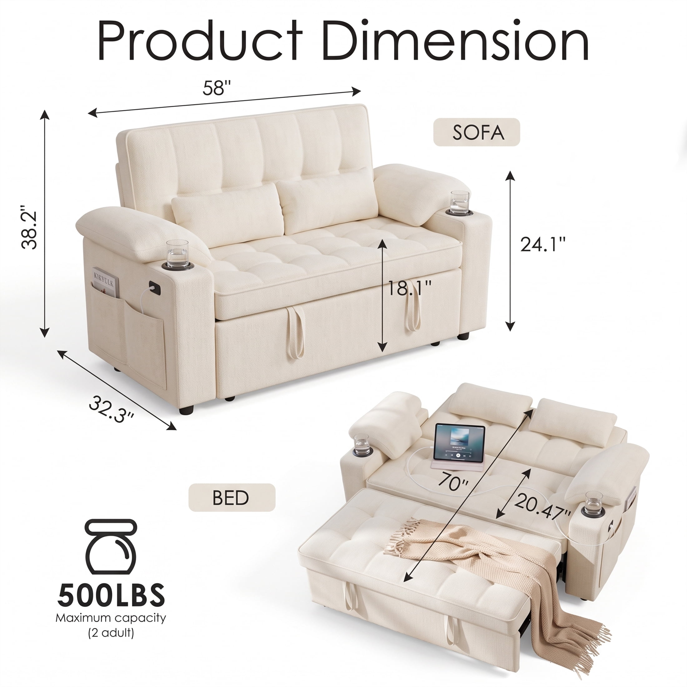 Xiweot Convertible Sleeper Sofa Bed, 58" Full Size Pull Out Couch with Cup Holders, Adjustable Backrest, USB Ports & Side Pockets, Towel Fabric Sleeper Loveseat for Living Room Apartment (Beige)