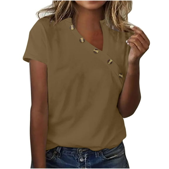 Women's Summer Solid V-Neck Short Sleeve Shirts Plus Size Vintage Button Tunics T-Shirt Casual Blouse Tops Brown XXXXL