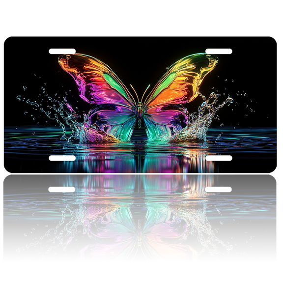 1 Pcs License Plate Covers & Frames, Iridescent Butterfly Creating Water Splash For Decorative Front, Aluminum License Plate Covers & Frames Cover For Men Women, 12" X 6"