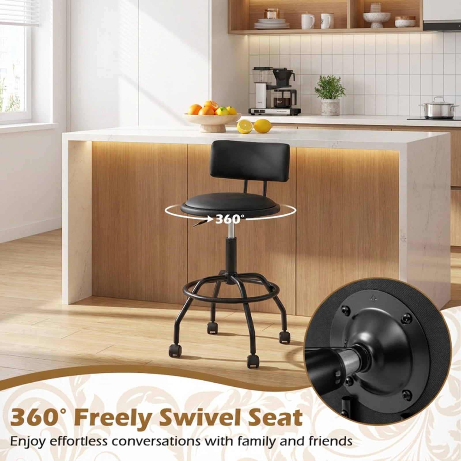 Furnibear Modern Swivel Height Adjustable Bar Stool with Backrest for Kitchen Island Counter Bar Pub Dining Home, Black