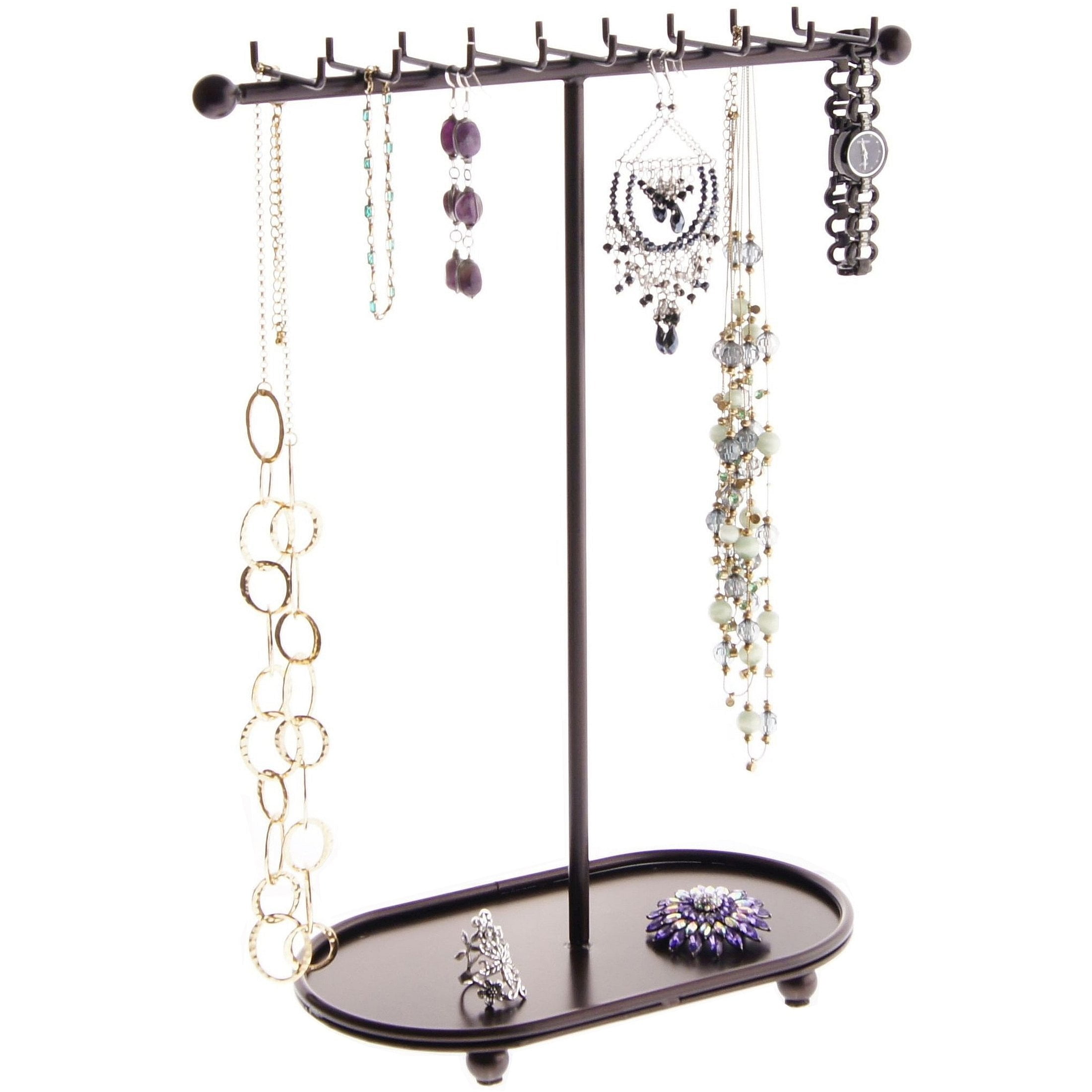 36-Holes Wooden Jewelry Display Rack Stand Earrings Necklace Storage Metal Hook 