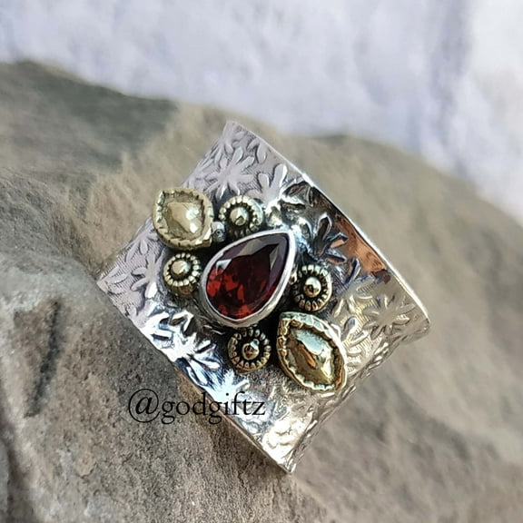 Garnet Texture Ring | 925 Sterling Silver Meditation Band | Handmade Anxiety Ring | Garnet Birthstone Jewelry | Fidget Worry Ring Gift