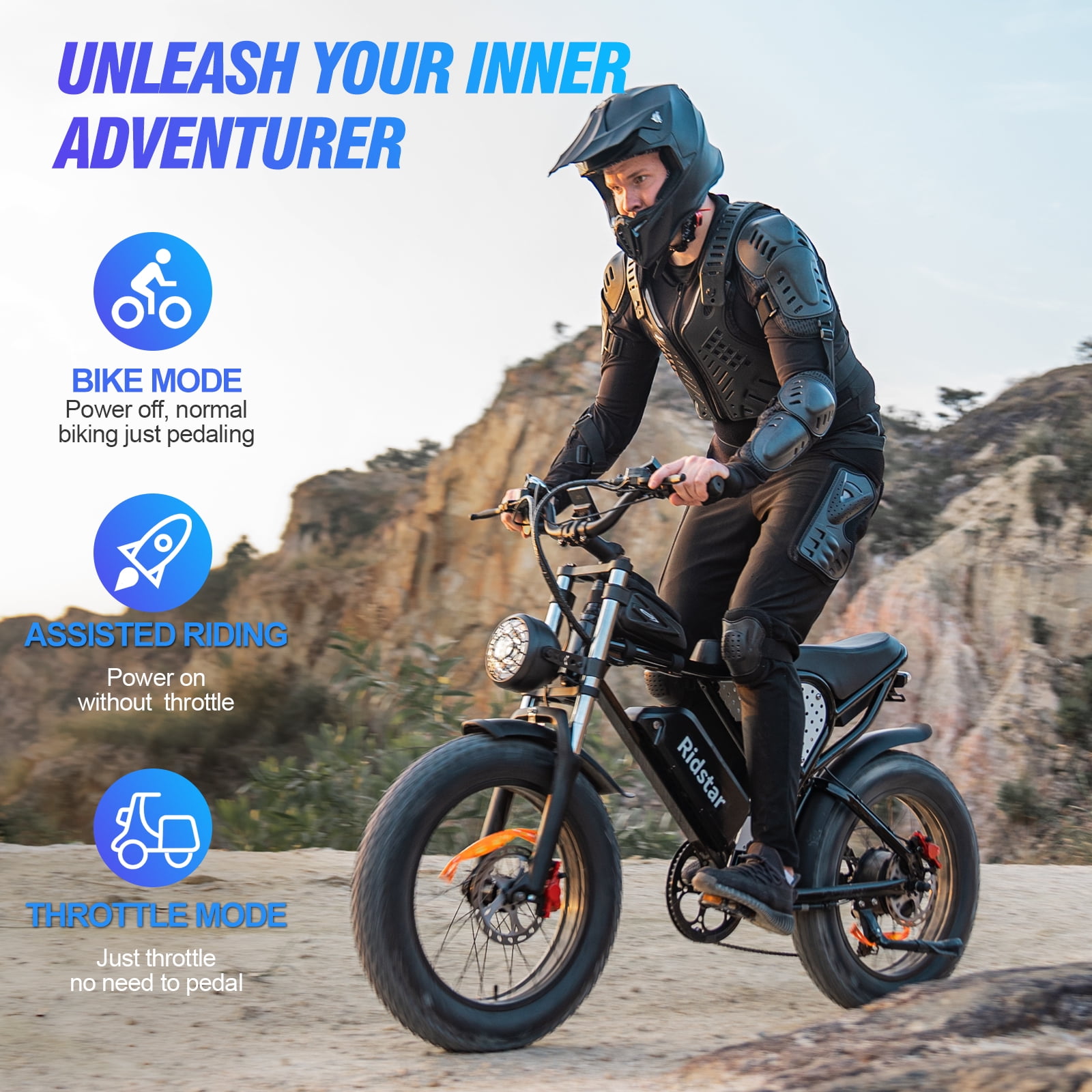 Ridstar Electric Biycle for Adults,1200W 32MPH,48V 20AH Electric Dirt Bike,20" Fat Tire 7 Speed Mountain Bike UL2849