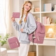thumbnail image 3 of Quilted Gingham Pattern Three-Piece Backpack Combo, Cute Bow Decor School Rucksack, Matching Shoulder Bag & Purse for Teen Daily Commute, 3 of 3