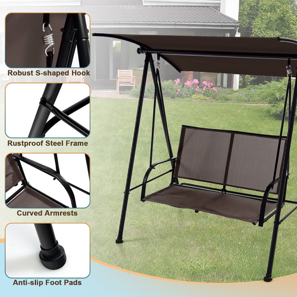 Aimee Lii 2-Seat Outdoor Canopy Swing with Comfortable Fabric Seat and Heavy-duty Metal Frame, Outdoor Swing for Adults, Brown Aimee Lii 2-Seat Outdoor Canopy Swing with Comfortable Fabric Seat and Heavy-duty Metal Frame, Outdoor Swing for Adults, Brown