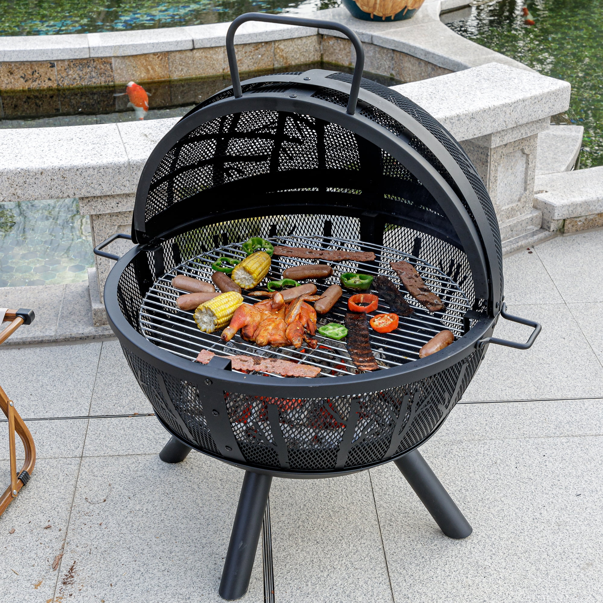 MistMo 35 inch Metal Ball Outdoor Fire Pit with Grill for Outside Patio Bonfire
