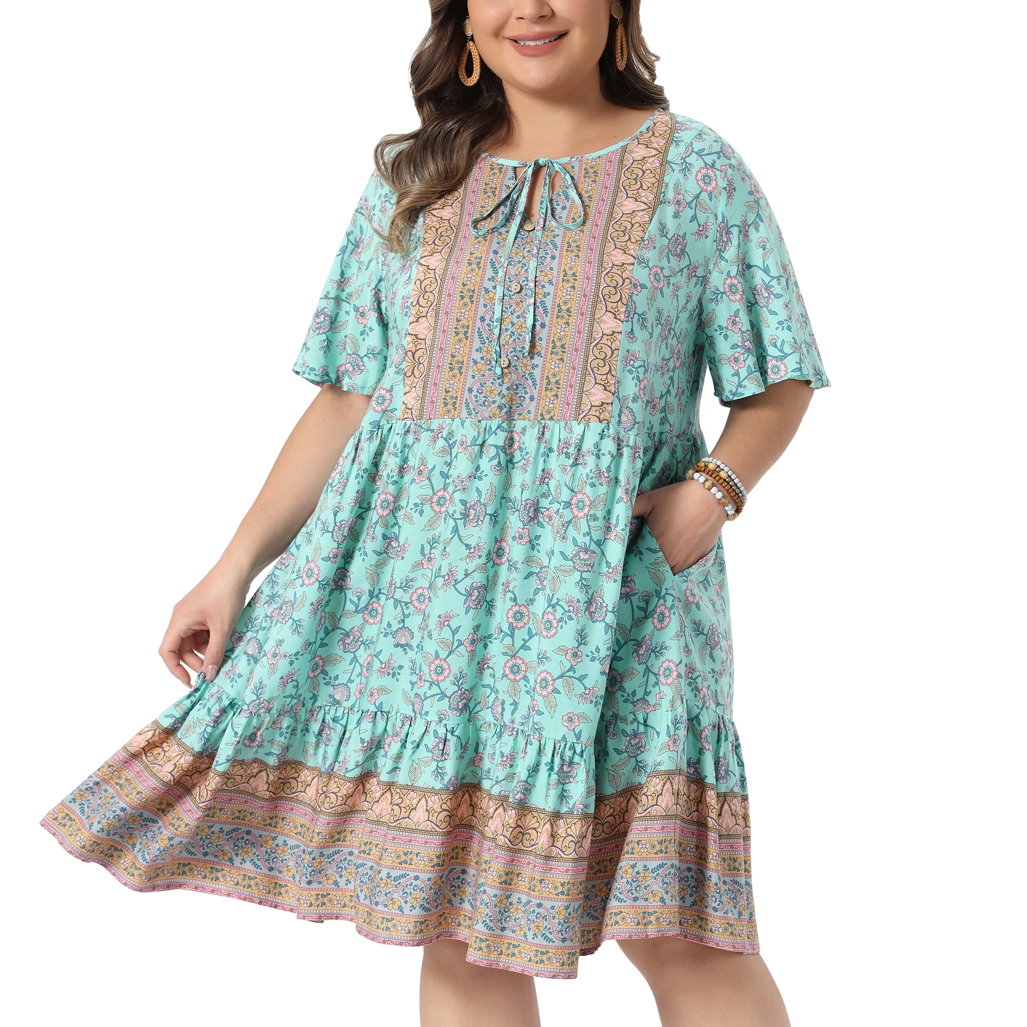 DARING DIVA Women's Plus Boho Midi Tie Crew Neck Short Dress 3X Green