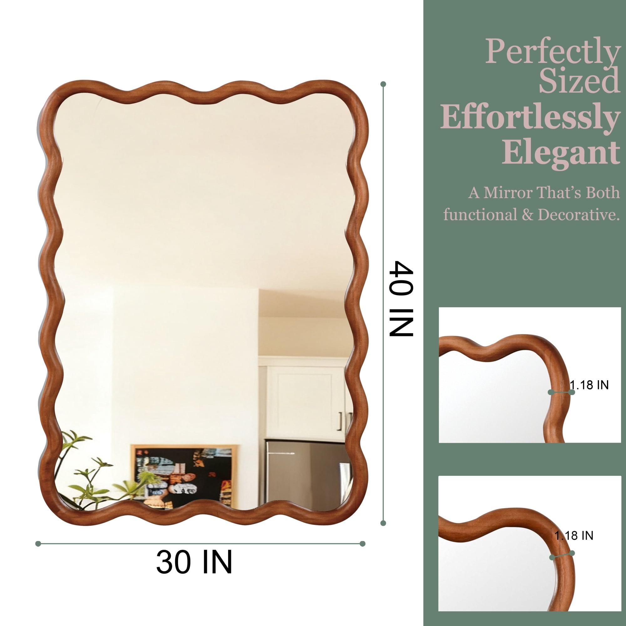 Leumius 30"x40" Wavy Rectangle Mirror, Solid Wood Frame Decorative Mirror for Bedroom Bathroom Living Room Entryway Brown