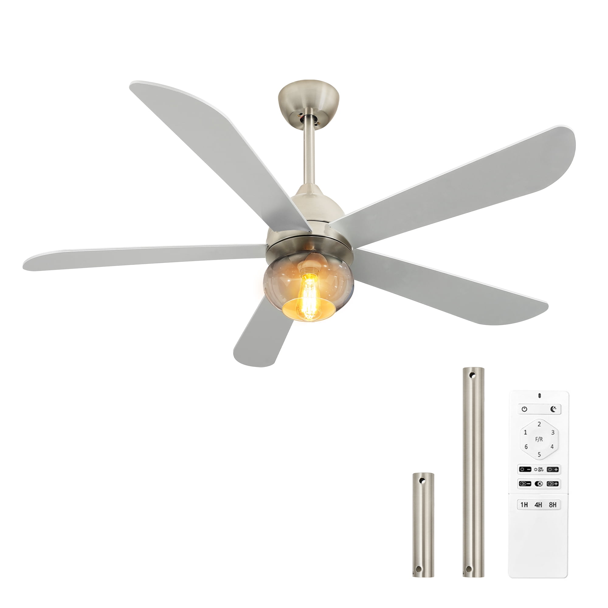 Uforic 52 inch Indoor Ceiling Fan with Light and Remote Control,Quiet 6-Speed Reversible DC Motor, 5 Blades - Silver