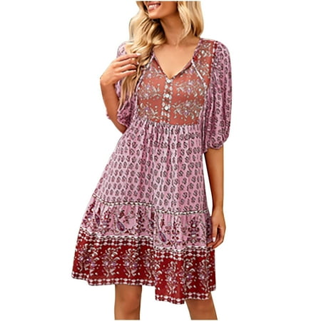 

Women s Short Sleeve Bohemian V-Neck Loose Dress Lace Up Boho Floral Print Mini Dress Flowy Beach Dresses