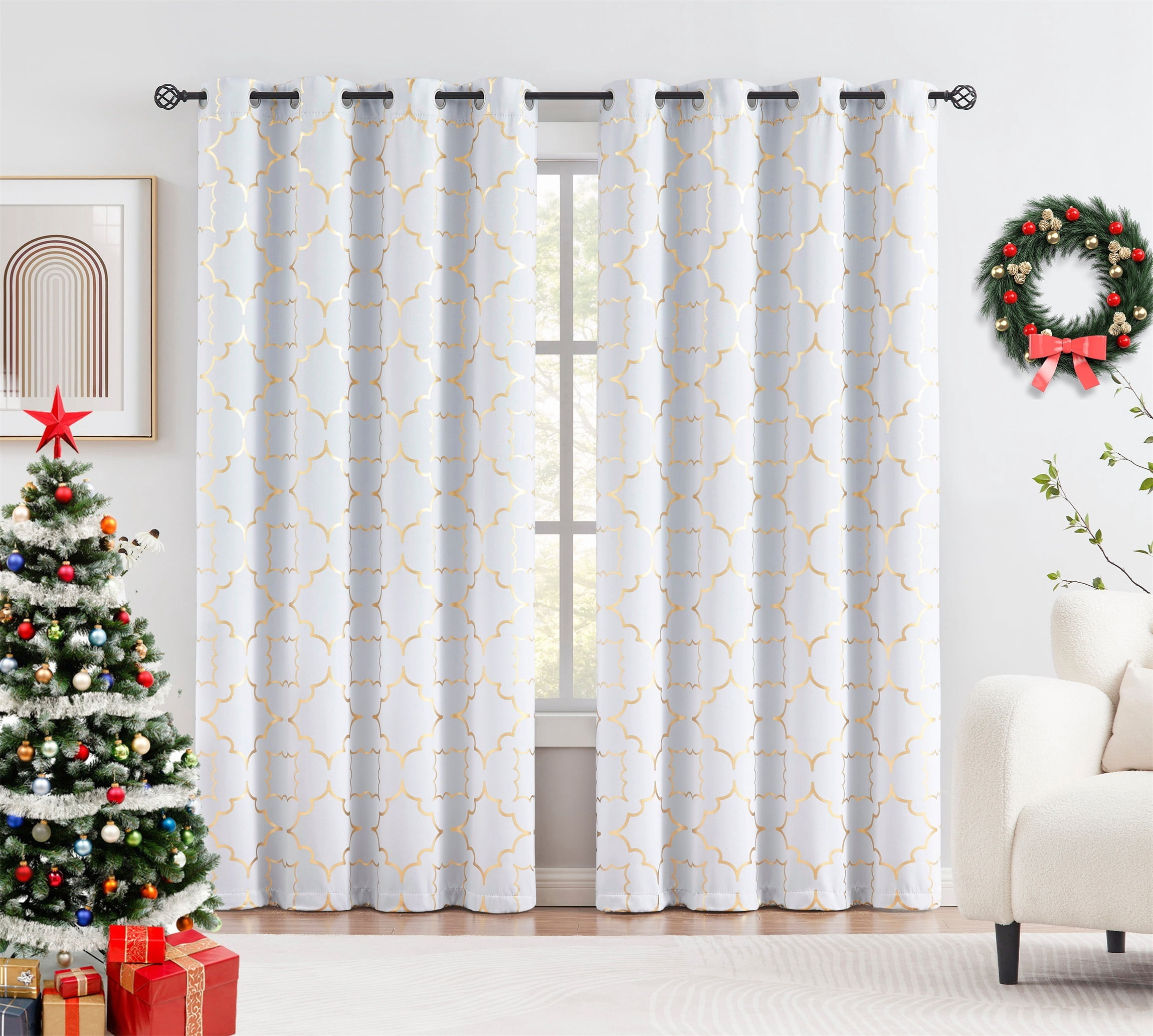 Junvictex White-Gold Blackout Window Curtain for Bedroom Moroccan Foil Metallic Print,52"Wx63"L,2 Pcs
