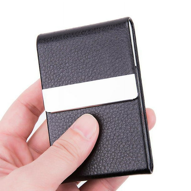 Estuche para tarjetas de presentación - Estuche para tarjetas de presentación de cuero sintético, tarjetero, tarjetero delgado de metal con bolsillo y cierre magnético, color negro