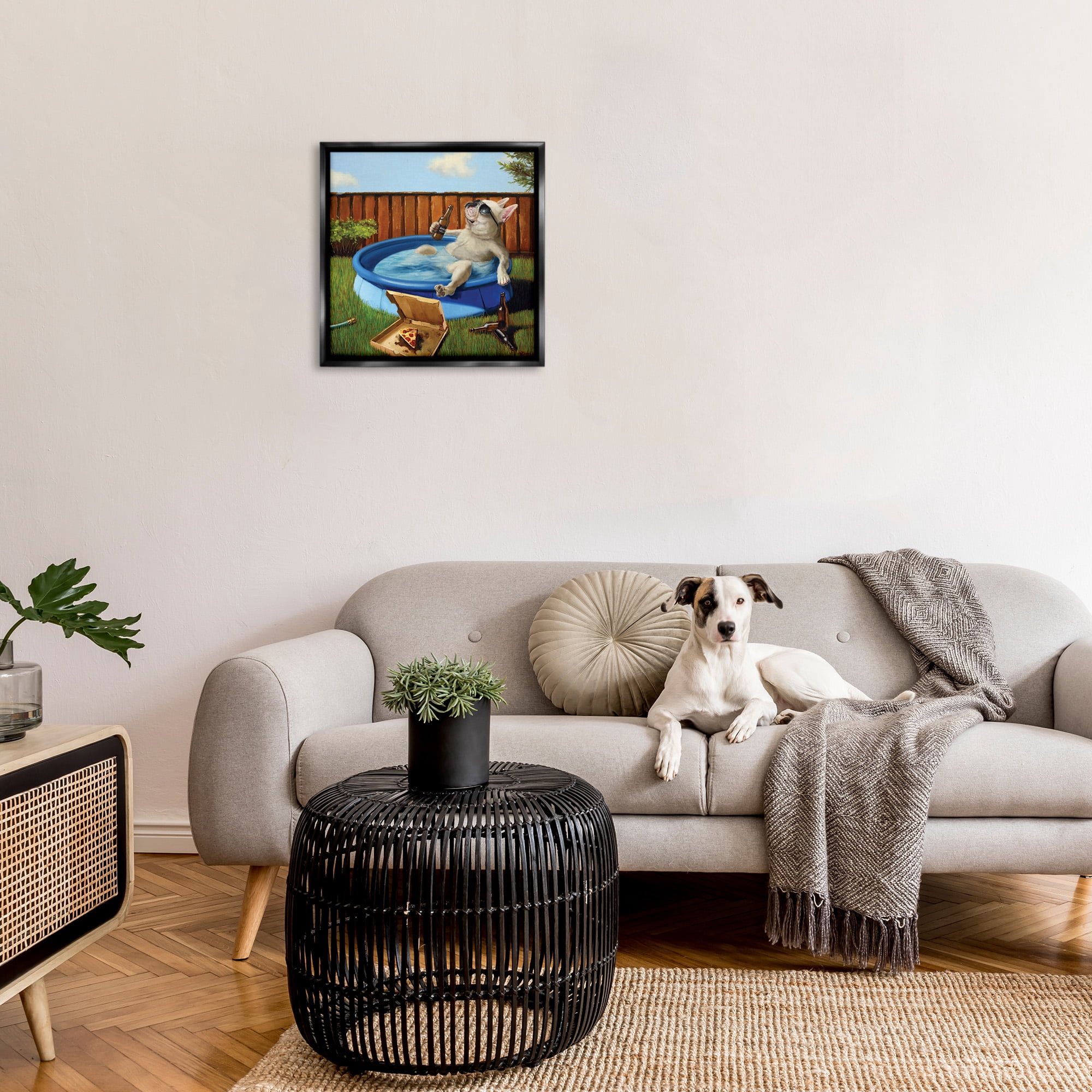 Stupell Industries Dog Drinking in Summer Pool Animals & Insects Painting Black Floater Framed Canvas Art Print Wall Art, 25 x 25