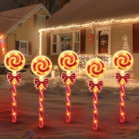 LAMPHOME Christmas Lollipop Pathway Lights,5PCS Decorations Outdoor Yard, Pathway Marker Stake Lights for Patio Ground Path Sidewalk Walkway Driveway