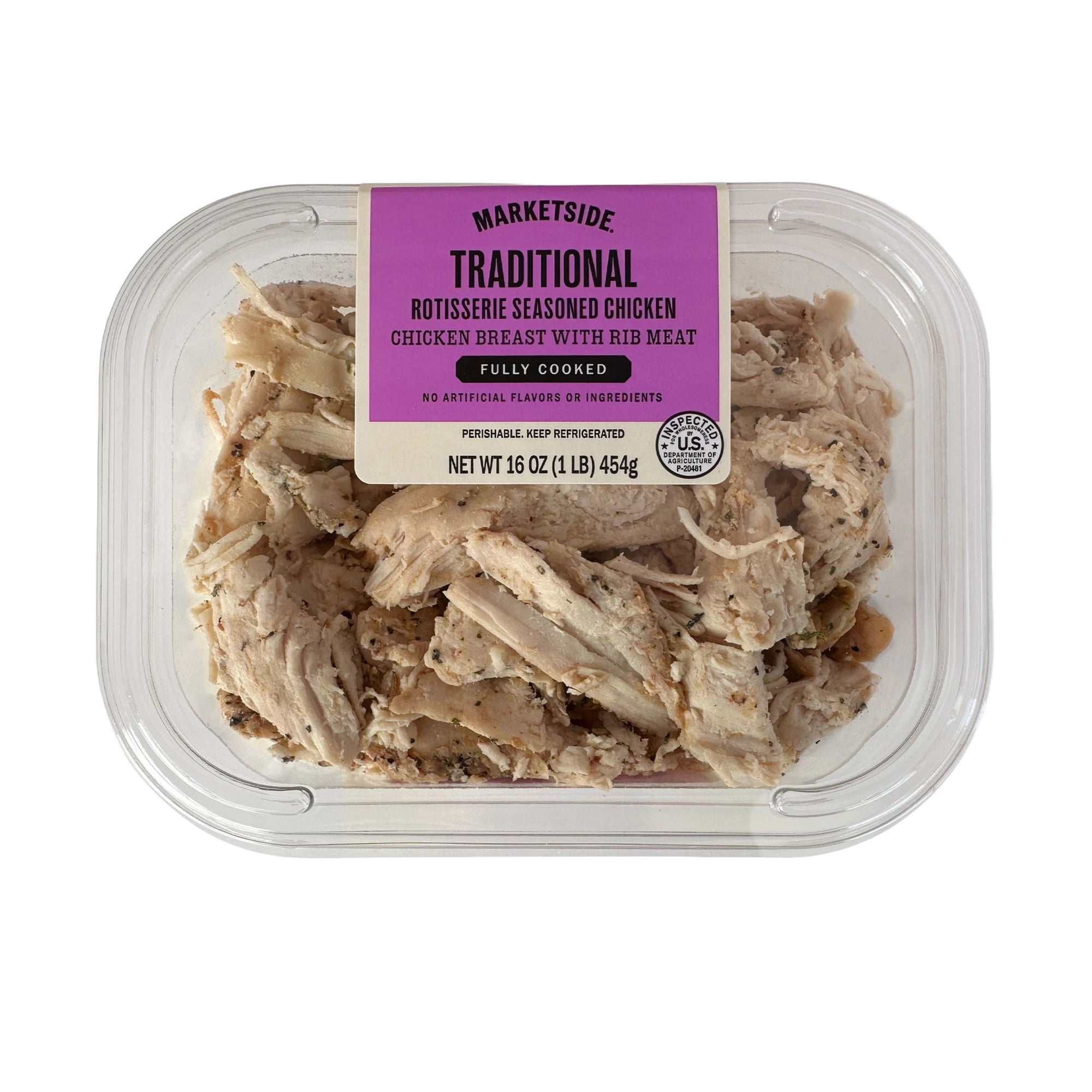 Marketside Traditional Pulled Rotisserie Seasoned Chicken, 16 oz, 18g of Protein, No Artificial Ingredients, Gluten Free (Refrigerated)