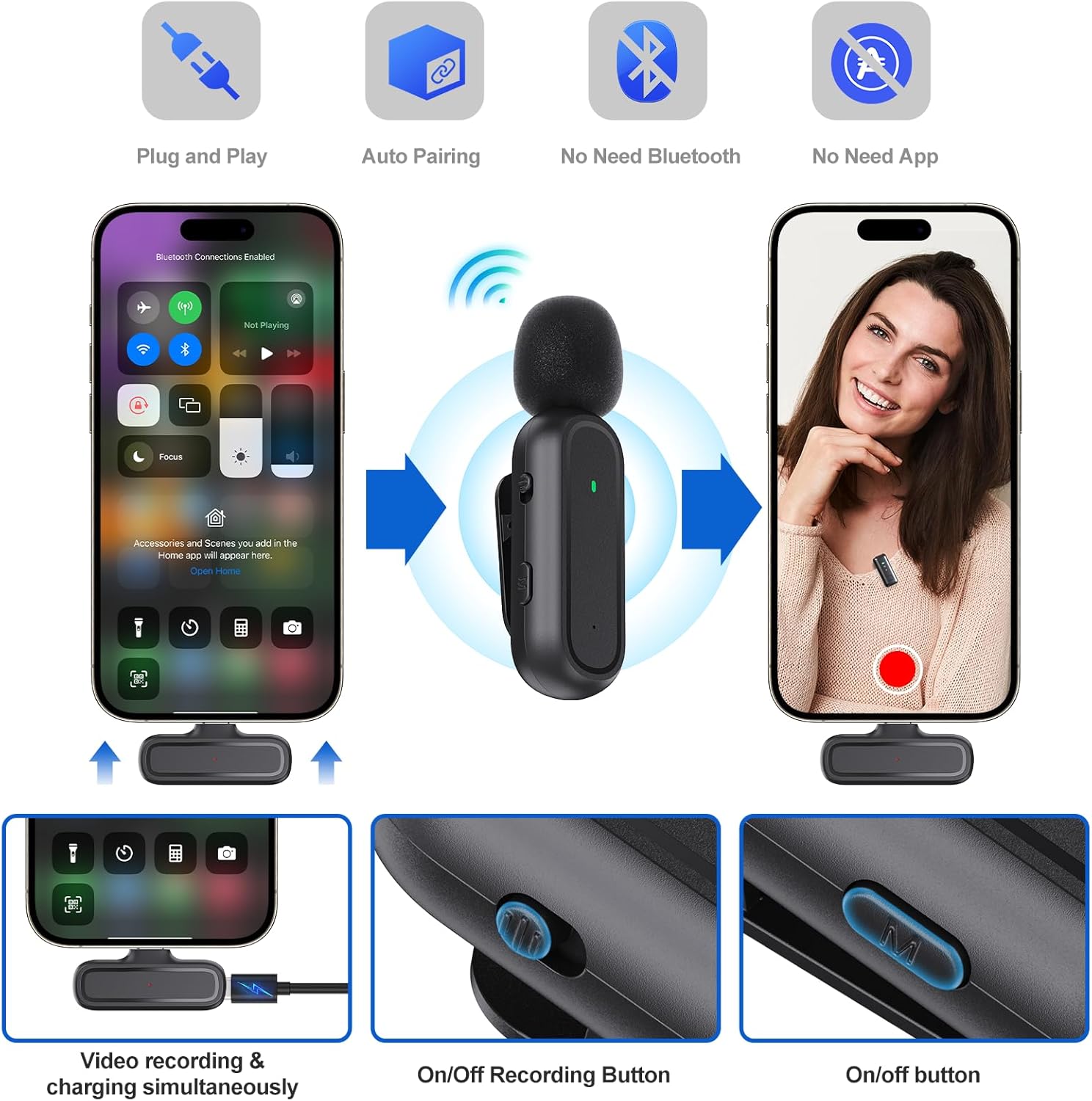1 Pcs Wireless Lavalier Microphone for iPhone iPad Android PC, Mini Mic with Charging Case, 8H Battery, 65ft Range, USB-C, Clip-On Noise Reduction Mics for Vlogging, TikTok, YouTube, Video Recording