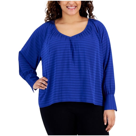 Calvin Klein Womens Pleat-Neck Shell Blouse, medblue, Plus Size, 2X
