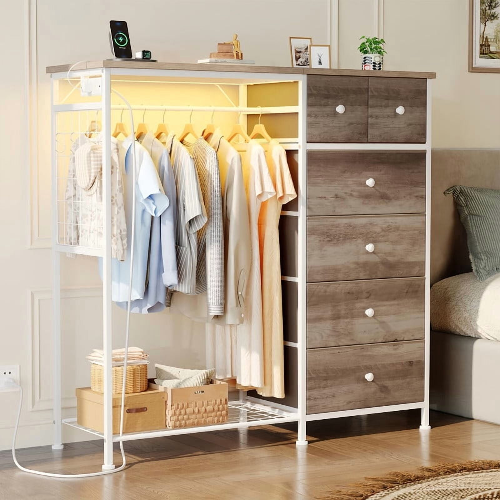 Kelno 6 Drawer Dresser with Hanging Rack LED Lights Charging Station Fabric Closet Organizer Storage Tower, Oak Greige