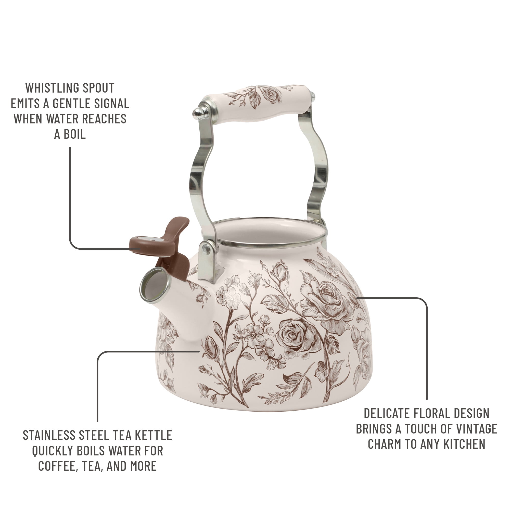 The Pioneer Woman Agatha 2.0-Quart Whistling Tea Kettle, Enamel on Steel, Brown