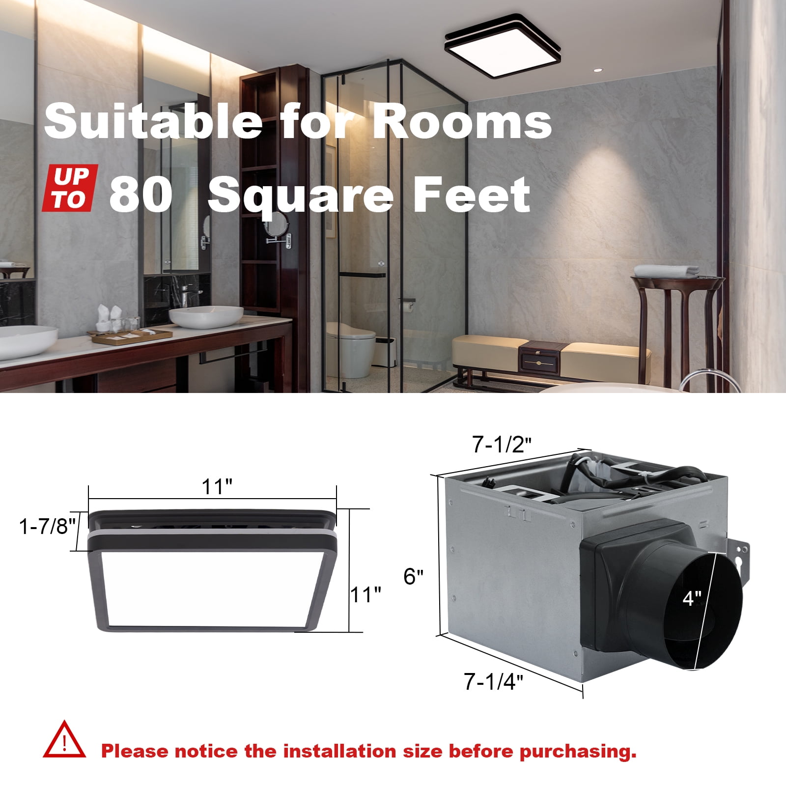 Akicon Bathroom Exhaust Fan with Light, 80CFM 2.0 Sones, 15W Dimmable 3CCT LED, 3.5W Nightlight, Square Ceiling Vent Fan for Home, Black
