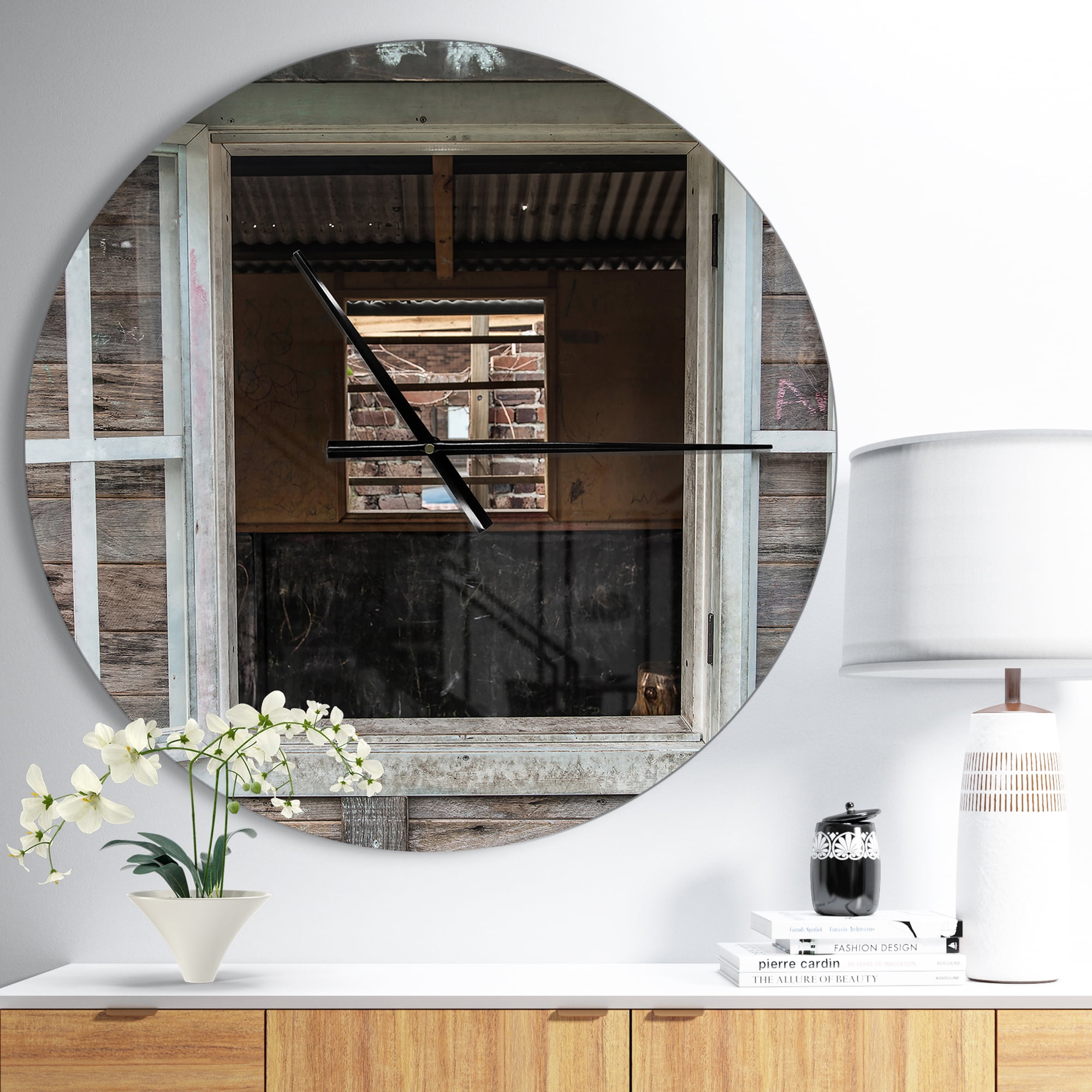 Designart 'Wooden Walls and Windows ' Farmhouse wall clock