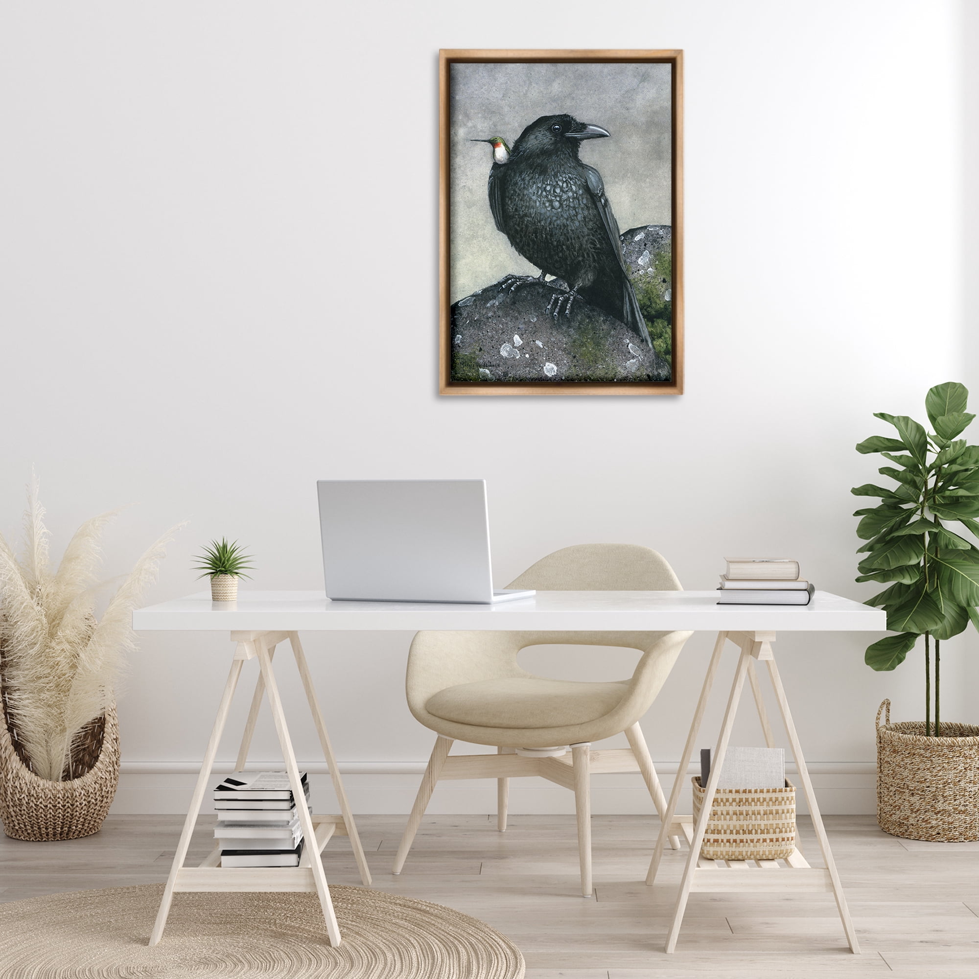 Stupell Industries Crow & Hummingbird Perched Animals & Insects Painting Brown Floater Framed Canvas Art Print Wall Art, 21 x 31