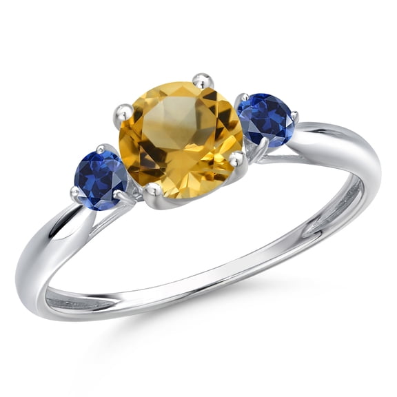 Gem Stone King 10K White Gold Yellow Citrine and Blue Created Sapphire 3-Stone Ring for Women | 1.08 Cttw | Round 6MM | Gemstone November Birthstone | Size 8
