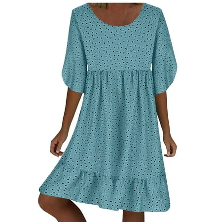 BLVB Plus Size Dresses for Women Floral Printed Short Sleeve Ruffle Hem Casual Loose Flowy Summer Beach Midi Dress