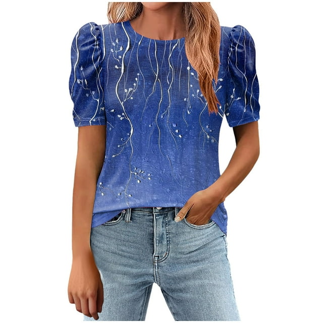 Tnhcen T-Shirt d'Été Ample pour Femmes à Col Rond Imprimé avec Manches Bouffantes Correctrices / Chemise Décontractée Extensible / Design Léger et Respirant / P-2TG