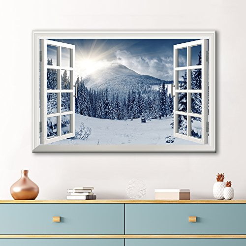 3D Visual Effect View Through Window Frame Snow Covered Pine Tree Forest  Gallery 32x48 inches