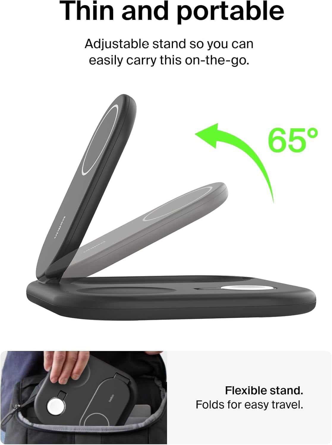 Belkin MagSafe-Compatible iPhone Charger - 3-in-1 Magnetic Foldable Charger 15W - Qi2-Certified Wireless Charging Station for iPhone 16, Apple Watch, AirPods w/Non-Slip Base, PSU Included - Black