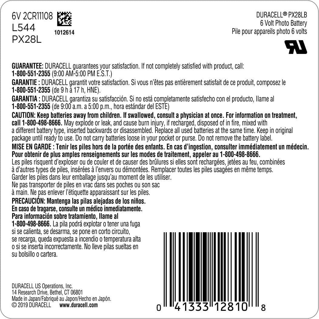 Duracell PX28LBPK, 28L, L544, PX28L Lithium 6V Photo Battery