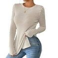 thumbnail image 2 of ClodeEU Womens Striped Long Sleeve Shirt ,Round Neck Side Slit Hem Slim Fit Knit Tops Beige,Womens Plus L, 2 of 8