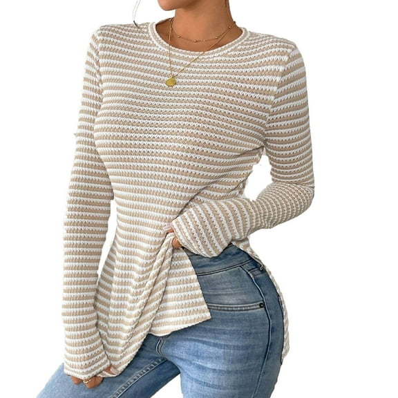 Ynynloco Sweaters for Women Striped Crew Neck Long Sleeve Side Slit Knit Pullover Tops Casual Slim Fit Comfy Fall Sweaters